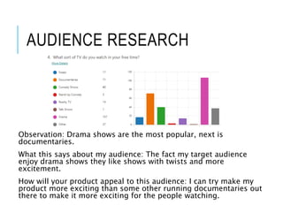 AUDIENCE RESEARCH
Observation: Drama shows are the most popular, next is
documentaries.
What this says about my audience: The fact my target audience
enjoy drama shows they like shows with twists and more
excitement.
How will your product appeal to this audience: I can try make my
product more exciting than some other running documentaries out
there to make it more exciting for the people watching.
 