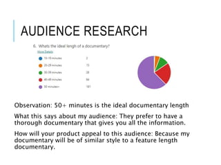 AUDIENCE RESEARCH
Observation: 50+ minutes is the ideal documentary length
What this says about my audience: They prefer to have a
thorough documentary that gives you all the information.
How will your product appeal to this audience: Because my
documentary will be of similar style to a feature length
documentary.
 
