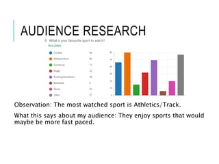 AUDIENCE RESEARCH
Observation: The most watched sport is Athletics/Track.
What this says about my audience: They enjoy sports that would
maybe be more fast paced.
 