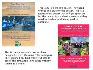 This is 2018’s 10in10 poster. They used
orange and blue for the poster. This is a
sponsorship poster that will get sponsors
for the race as it is a charity event and they
need to reach a fundraising goal to
complete.
This is the sponsorship poster I have
designed. I used the neon colors and pink
like I planned on. Bold white text stands
out of the pink and I think it fits with my
theme as a whole.
 