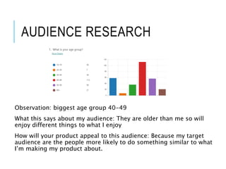 AUDIENCE RESEARCH
Observation: biggest age group 40-49
What this says about my audience: They are older than me so will
enjoy different things to what I enjoy
How will your product appeal to this audience: Because my target
audience are the people more likely to do something similar to what
I’m making my product about.
 