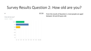 Survey Results Question 2: How old are you?
From the results of Question 2, most people are aged
between 18 and 24 years old.
 