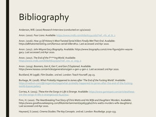 Bibliography
Anderson,Will. (2020) Research Interview (conducted on 13/2/2020)
Anon. (2010). Four Lions.Available: https://www.imdb.com/title/tt1341167/?ref_=fn_al_tt_1
Anon. (2016). How 33 Of History’s MostTwisted Serial Killers Finally MetTheir End. Available:
https://allthatsinteresting.com/famous-serial-killers#22. Last accessed 2nd Apr 2020.
Anon. (2017). JohnWayneGacy Biography. Available: https://www.biography.com/crime-figure/john-wayne-
gacy. Last accessed 2ndApr 2020.
Anon. (2017). The End of the F***ingWorld. Available:
https://www.imdb.com/title/tt6257970/?ref_=nv_sr_srsg_0
Anon. (2019). Boomers, Gen X, GenY, and Gen Z Explained. Available:
https://www.kasasa.com/articles/generations/gen-x-gen-y-gen-z. Last accessed 2nd Apr 2020.
Buckland,W (1998). Film Studies. 2nd ed. London:TeachYourself. p9-23.
Burbage, M. (2018). What Probably Happened to James after ‘The End of the Fucking World’. Available:
https://medium.com/@meganxburbage/what-probably-happened-to-james-after-the-end-of-the-fucking-
world-63a1ec3adac5
Corriea,A. (2015). These Are the Songs in Life isStrange. Available: https://www.gamespot.com/articles/these-
are-the-songs-in-life-is-strange/1100-6425751/.
Finn, H. (2020). The HeartbreakingTrue Story ofChrisWatts and HisWife and Daughters' Murders. Available:
https://www.goodhousekeeping.com/life/entertainment/a30655961/chris-watts-murders-wife-daughters/.
Last accessed 2nd Apr 2020.
Hayward,S (2000). Cinema Studies:The Key Concepts. 2nd ed. London: Routledge. p230-233.
 