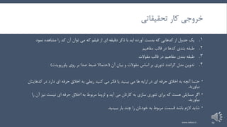 ‫تحقیقاتی‬ ‫کار‬ ‫خروجی‬
.‫از‬ ‫جدول‬ ‫یک‬ 1‫کدهایی‬‫آورده‬ ‫بدست‬ ‫که‬‫اید‬‫نمود‬ ‫مشاهده‬ ‫را‬ ‫کد‬ ‫آن‬ ‫توان‬ ‫می‬ ‫که‬ ‫فیلم‬ ‫از‬ ‫ای‬ ‫دقیقه‬ ‫ذکر‬ ‫با‬
.‫مفاهیم‬ ‫قالب‬ ‫در‬ ‫کدها‬ ‫بندی‬ ‫طبقه‬ 2
.‫مقوالت‬ ‫قالب‬ ‫در‬ ‫مفاهیم‬ ‫بندی‬ ‫طبقه‬ 3
.‫مدل‬ ‫تدوین‬ 4‫گراندد‬‫آن‬ ‫بیان‬ ‫و‬ ‫مقوالت‬ ‫اساس‬ ‫بر‬ ‫تئوری‬(‫روی‬ ‫بر‬ ‫صدا‬ ‫ضبط‬ ‫احتماال‬‫پاورپوینت‬)
‫در‬ ‫دارد‬ ‫ای‬ ‫حرفه‬ ‫اخالق‬ ‫به‬ ‫ربطی‬ ‫کنید‬ ‫می‬ ‫فکر‬ ‫یا‬ ‫بینید‬ ‫می‬ ‫ها‬ ‫ارایه‬ ‫در‬ ‫ای‬ ‫حرفه‬ ‫اخالق‬ ‫به‬ ‫آنچه‬ ‫حتما‬‫کده‬‫ایتان‬
‫بیاورید‬.
‫نی‬ ‫نیست‬ ‫ای‬ ‫حرفه‬ ‫اخالق‬ ‫به‬ ‫مربوط‬ ‫لزوما‬ ‫و‬ ‫آید‬ ‫می‬ ‫کارتان‬ ‫به‬ ‫سازی‬ ‫تئوری‬ ‫برای‬ ‫که‬ ‫هست‬ ‫مسایلی‬ ‫اگر‬‫را‬ ‫آن‬ ‫ز‬
‫بیاورید‬.
‫ببینید‬ ‫بار‬ ‫چند‬ ‫را‬ ‫خودتان‬ ‫به‬ ‫مربوط‬ ‫قسمت‬ ‫باشد‬ ‫الزم‬ ‫شاید‬.
www.nekoo.ir 19
 