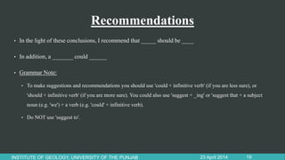 Recommendations
• In the light of these conclusions, I recommend that _____ should be ____
• In addition, a _______ could ______
• Grammar Note:
• To make suggestions and recommendations you should use 'could + infinitive verb' (if you are less sure), or
'should + infinitive verb' (if you are more sure). You could also use 'suggest + _ing' or 'suggest that + a subject
noun (e.g. 'we') + a verb (e.g. 'could' + infinitive verb).
• Do NOT use 'suggest to'.
23 April 2014INSTITUTE OF GEOLOGY, UNIVERSITY OF THE PUNJAB 19
 