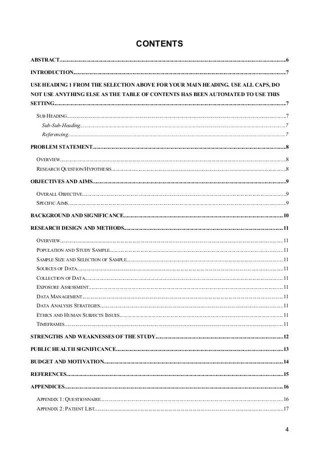 sample of table of contents in research proposal