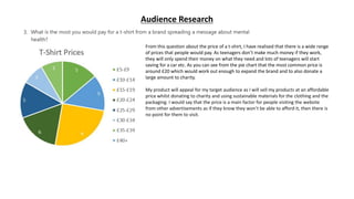 Audience Research
From this question about the price of a t-shirt, I have realised that there is a wide range
of prices that people would pay. As teenagers don’t make much money if they work,
they will only spend their money on what they need and lots of teenagers will start
saving for a car etc. As you can see from the pie chart that the most common price is
around £20 which would work out enough to expand the brand and to also donate a
large amount to charity.
My product will appeal for my target audience as I will sell my products at an affordable
price whilst donating to charity and using sustainable materials for the clothing and the
packaging. I would say that the price is a main factor for people visiting the website
from other advertisements as if they know they won’t be able to afford it, then there is
no point for them to visit.
 