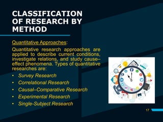 CLASSIFICATION
OF RESEARCH BY
METHOD
17
Quantitative Approaches:
Quantitative research approaches are
applied to describe current conditions,
investigate relations, and study cause–
effect phenomena. Types of quantitative
researches are:
• Survey Research
• Correlational Research
• Causal–Comparative Research
• Experimental Research
• Single-Subject Research
 