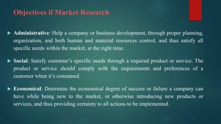 Objectives if Market Research
 Administrative: Help a company or business development, through proper planning,
organization, and both human and material resources control, and thus satisfy all
specific needs within the market, at the right time.
 Social: Satisfy customer’s specific needs through a required product or service. The
product or service should comply with the requirements and preferences of a
customer when it’s consumed.
 Economical: Determine the economical degree of success or failure a company can
have while being new to the market, or otherwise introducing new products or
services, and thus providing certainty to all actions to be implemented.
 