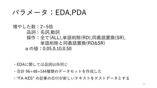 パラメータ：EDA,PDA
24
増やした数：2~5倍
品詞：名詞,動詞
操作：全て(ALL),単語削除(RD),同義語置換(SR),
単語削除と同義語置換(RD&SR)
αの値：0.05,0.10,0.50
・EDAに関しては品詞以外同じ
・...