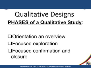 Qualitative Designs
PHASES of a Qualitative Study:
❑Orientation an overview
❑Focused exploration
❑Focused confirmation and
closure
DEPARTMENT OF EDUCATION-BUREAU OF CURRICULUM DEVELOPMENT
 