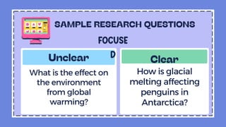 What is the effect on
the environment
from global
warming?
How is glacial
melting affecting
penguins in
Antarctica?
FOCUSE
D
 
