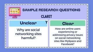 Why are social
networking sites
harmful?
How are online users
experiencing or
addressing privacy issues
on social networking
sites like MySpace and
Facebook?
CLARIT
Y
 