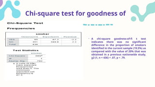 Chi-square test for goodness of
it
- A chi-square goodness-of-fi t test
indicates there was no significant
difference in the proportion of smokers
identified in the current sample (19.5%) as
compared with the value of 20% that was
obtained in a previous nationwide study,
χ2 (1, n = 436) = .07, p < .79.
 