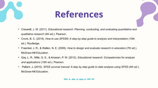 References
• Creswell, J. W. (2011). Educational research: Planning, conducting, and evaluating quantitative and
qualitative research (4th ed.). Pearson.
• Cronk, B. C. (2019). How to use SPSS®: A step-by-step guide to analysis and interpretation (10th
ed.). Routledge.
• Fraenkel, J. R., & Wallen, N. E. (2009). How to design and evaluate research in education (7th ed.).
McGraw-Hill Education.
• Gay, L. R., Mills, G. E., & Airasian, P. W. (2012). Educational research: Competencies for analysis
and applications (10th ed.). Pearson.
• Pallant, J. (2010). SPSS survival manual: A step by step guide to data analysis using SPSS (4th ed.).
McGraw-Hill Education.
 
