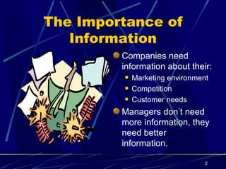 The Importance of Information Companies need information about their: Marketing environment Competition Customer needs Managers don’t need more information, they need better information. 