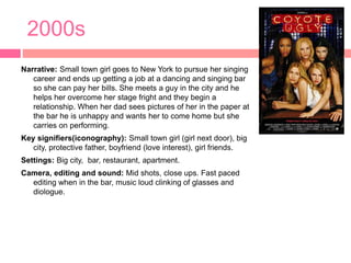 2000s 
Narrative: Small town girl goes to New York to pursue her singing 
career and ends up getting a job at a dancing and singing bar 
so she can pay her bills. She meets a guy in the city and he 
helps her overcome her stage fright and they begin a 
relationship. When her dad sees pictures of her in the paper at 
the bar he is unhappy and wants her to come home but she 
carries on performing. 
Key signifiers(iconography): Small town girl (girl next door), big 
city, protective father, boyfriend (love interest), girl friends. 
Settings: Big city, bar, restaurant, apartment. 
Camera, editing and sound: Mid shots, close ups. Fast paced 
editing when in the bar, music loud clinking of glasses and 
diologue. 
