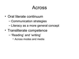 Across
• Oral literate continuum
– Communication strategies
– Literacy as a more general concept
• Transliterate competence
– ‘Reading’ and ‘writing’
• Across modes and media
 
