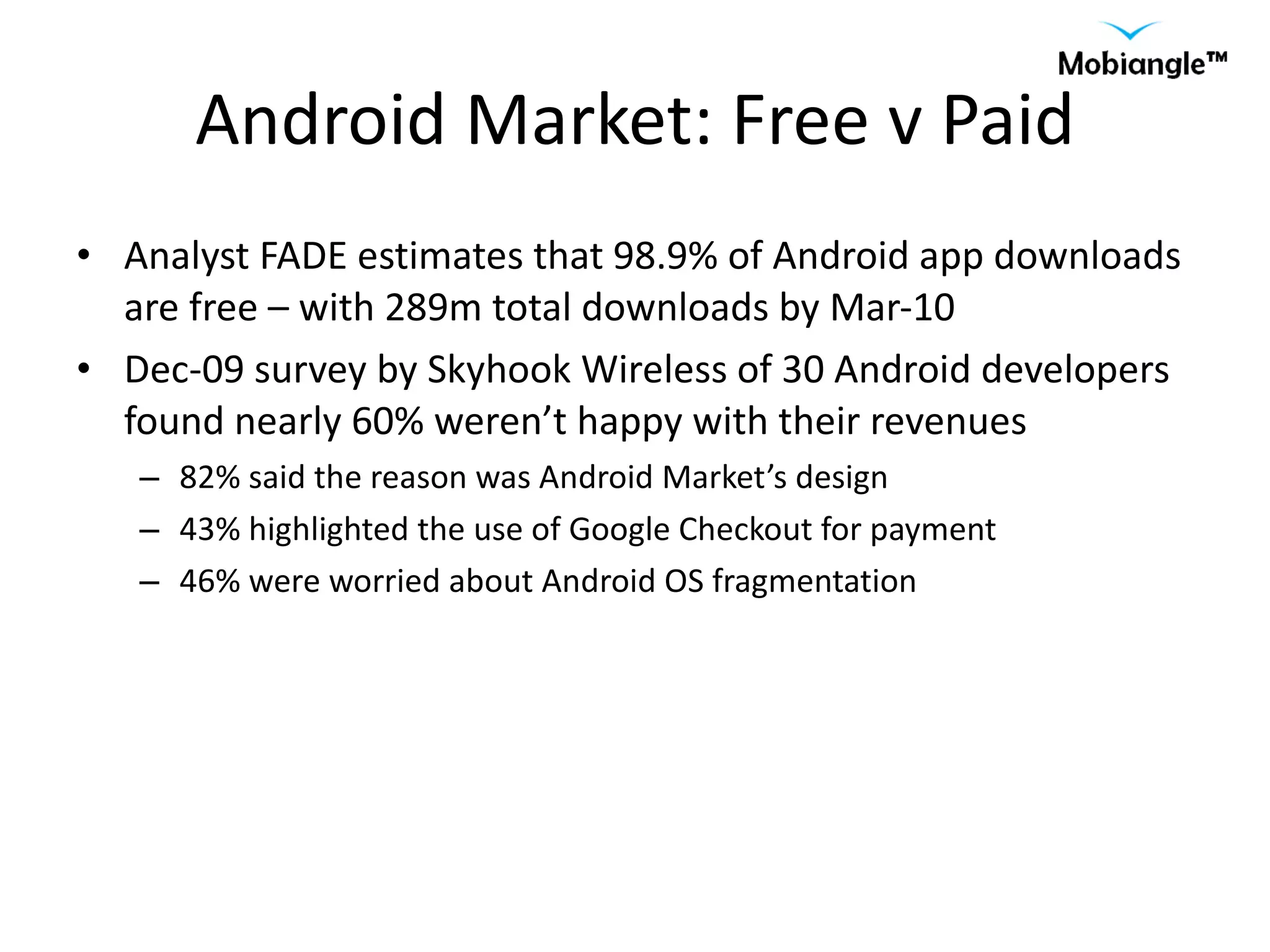 Android Market: Free v Paid Analyst FADE estimates that 98.9% of Android app downloads are free – with 289m total downloads by Mar-10 Dec-09 survey by Skyhook Wireless of 30 Android developers found nearly 60% weren’t happy with their revenues 82% said the reason was Android Market’s design 43% highlighted the use of Google Checkout for payment 46% were worried about Android OS fragmentation 