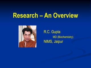 Research – An Overview
R.C. Gupta
MD (Biochemistry)
NIMS, Jaipur
 