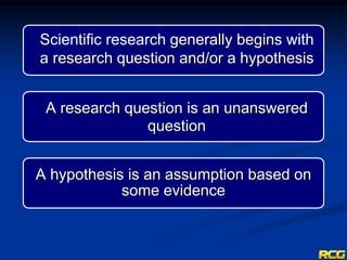 Scientific research generally begins with
a research question and/or a hypothesis
A hypothesis is an assumption based on
some evidence
A research question is an unanswered
question
 
