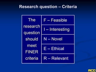 Research question – Criteria
F – Feasible
I – Interesting
The
research
question
should
meet
FINER
criteria
N – Novel
E – Ethical
R – Relevant
 