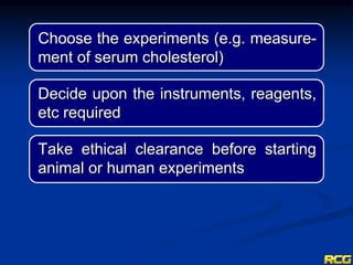 Choose the experiments (e.g. measure-
ment of serum cholesterol)
Decide upon the instruments, reagents,
etc required
Take ethical clearance before starting
animal or human experiments
 