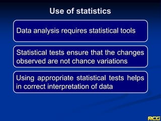 Data analysis requires statistical tools
Use of statistics
Using appropriate statistical tests helps
in correct interpretation of data
Statistical tests ensure that the changes
observed are not chance variations
 