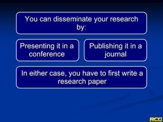 In either case, you have to first write a
research paper
You can disseminate your research
byː
Presenting it in a
conference
Publishing it in a
journal
 