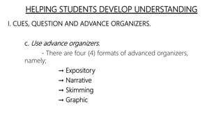 HELPING STUDENTS DEVELOP UNDERSTANDING
I. CUES, QUESTION AND ADVANCE ORGANIZERS.
c. Use advance organizers.
- There are four (4) formats of advanced organizers,
namely;
→ Expository
→ Narrative
→ Skimming
→ Graphic
 