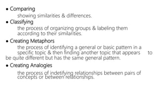 ● Comparing
showing similarities & differences.
● Classifying
the process of organizing groups & labeling them
according to their similarities.
● Creating Metaphors
the process of identifying a general or basic pattern in a
specific topic & then finding another topic that appears to
be quite different but has the same general pattern.
● Creating Analogies
the process of indetifying relationships between pairs of
concepts or between relationships.
 