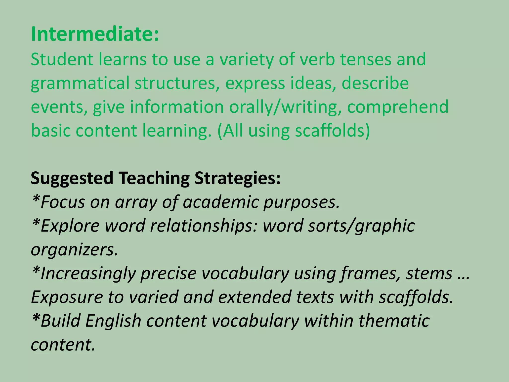 Intermediate:Student learns to use a variety of verb tenses and grammatical structures, express ideas, describe events, give information orally/writing, comprehend basic content learning. (All using scaffolds)Suggested Teaching Strategies:*Focus on array of academic purposes.*Explore word relationships: word sorts/graphic organizers.*Increasingly precise vocabulary using frames, stems …Exposure to varied and extended texts with scaffolds. *Build English content vocabulary within thematic content.