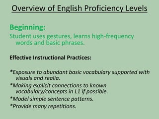 Overview of English Proficiency LevelsBeginning: Student uses gestures, learns high-frequency words and basic phrases.Effective Instructional Practices:*Exposure to abundant basic vocabulary supported with visuals and realia.*Making explicit connections to known vocabulary/concepts in L1 if possible.*Model simple sentence patterns.*Provide many repetitions.