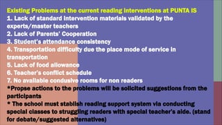 Existing Problems at the current reading interventions at PUNTA IS
1. Lack of standard intervention materials validated by the
experts/master teachers
2. Lack of Parents’ Cooperation
3. Student’s attendance consistency
4. Transportation difficulty due the place mode of service in
transportation
5. Lack of food allowance
6. Teacher’s conflict schedule
7. No available condusive rooms for non readers
*Propse actions to the problems will be solicited suggestions from the
participants
* The school must stablish reading support system via conducting
special classes to struggling readers with special teacher’s aide. (stand
for debate/suggested alternatives)
 