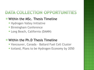 Within the MSc. Thesis Timeline Hydrogen Valley Initiative Birmingham Conference Long Beach, California (DAMN) Within the Ph.D Thesis Timeline Vancouver, Canada – Ballard Fuel Cell Cluster Iceland, Plans to be Hydrogen Economy by 2050 