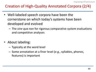 Creation of High-Quality Annotated Corpora (2/4)Well-labeled speech corpora have been the cornerstone on which today’s systems have been developed and evolvedThe sine qua non for rigorous comparative system evaluations and competitive analysesAbout labeling:Typically at the word levelSome annotation at a finer level (e.g., syllables, phones, features) is important44Improving Infrastructure