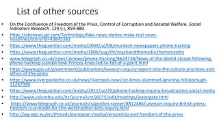 List of other sources
• On the Confluence of Freedom of the Press, Control of Corruption and Societal Welfare. Social
Indicators Research. 129 (-), 859-880.
• https://abcnews.go.com/Technology/fake-news-stories-make-real-news-
headlines/story?id=43845383
• https://www.theguardian.com/media/2009/jul/08/murdoch-newspapers-phone-hacking
• https://www.theguardian.com/media/2006/aug/09/royalsandthemedia.themonarchy
• www.telegraph.co.uk/news/uknews/phone-hacking/8624738/News-of-the-World-closed-following-
phone-hacking-scandal-how-Princes-knee-led-to-fall-of-a-giant.html
• https://www.gov.uk/government/publications/leveson-inquiry-report-into-the-culture-practices-and-
ethics-of-the-press
• https://www.liverpoolecho.co.uk/news/liverpool-news/sn-times-slammed-ignoring-hillsborough-
11247940
• https://www.theguardian.com/media/2011/jul/20/phone-hacking-inquiry-broadcasters-social-media
• http://www.columbia.edu/itc/journalism/j6075/edit/readings/watergate.html
• https://www.telegraph.co.uk/journalists/gordon-rayner/8812486/Leveson-Inquiry-British-press-
freedom-is-a-model-for-the-world-editor-tells-inquiry.html
• http://ieg-ego.eu/en/threads/european-media/censorship-and-freedom-of-the-press
 