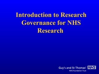 Introduction to Research Governance for NHS Research  