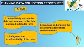 24
PLANNING DATA COLLECTION PROCEDURES
1. Immediately encode the
data and summarize the data
gathered in tabular form
2. Safeguard the
confidentiality of the data
3. Examine and analyze the
data using appropriate
statistical tools
AFTER
 