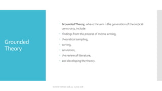 Grounded
Theory
 GroundedTheory, where the aim is the generation of theoretical
constructs, include:
 findings from the process of memo writing,
 theoretical sampling,
 sorting,
 saturation,
 the review of literature,
 and developing the theory.
Summer Institute 2018, 13 - 15 July 2018
 