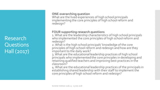Research
Questions
Hall (2017)
ONE overarching question
What are the lived experiences of high school principals
implementing the core principles of high school reform and
redesign?
FOUR supporting research questions
1.What are the leadership characteristics of high school principals
who implemented the core principles of high school reform and
redesign?
2.What is the high school principals’ knowledge of the core
principles of high school reform and redesign and how are they
important to the daily work?
3.What are the educational leadership practices of high school
principals who implemented the core principles in developing and
retaining qualified teachers and improving best practices in the
classroom?
4.What are the educational leadership practices of the principals in
establishing shared leadership with their staff to implement the
core principles of high school reform and redesign?
Summer Institute 2018, 13 - 15 July 2018
 