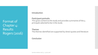 Format of
Chapter 4:
Results
Rogers (2016)
Introduction
Participant portraits
This gives context to the study and provides summaries of the 5
principals selected to be in the study
Themes
The themes identified are supported by direct quotes and literature
Conclusion
Summer Institute 2018, 13 - 15 July 2018
 
