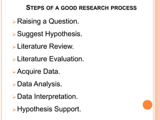 STEPS OF A GOOD RESEARCH PROCESS
 Raising a Question.
 Suggest Hypothesis.
 Literature Review.
 Literature Evaluation.
 Acquire Data.
 Data Analysis.
 Data Interpretation.
 Hypothesis Support.
 