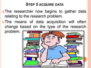 STEP 5 ACQUIRE DATA
The researcher now begins to gather data
relating to the research problem.
The means of data acquisition will often
change based on the type of the research
problem.
 