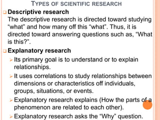 TYPES OF SCIENTIFIC RESEARCH
 Descriptive research
The descriptive research is directed toward studying
“what” and how many off this “what”. Thus, it is
directed toward answering questions such as, “What
is this?”.
 Explanatory research
 Its primary goal is to understand or to explain
relationships.
 It uses correlations to study relationships between
dimensions or characteristics off individuals,
groups, situations, or events.
 Explanatory research explains (How the parts of a
phenomenon are related to each other).
 Explanatory research asks the “Why” question.
 