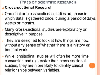 TYPES OF SCIENTIFIC RESEARCH
 Cross-sectional Research
 One-shot or cross-sectional studies are those in
which data is gathered once, during a period of days,
weeks or months.
 Many cross-sectional studies are exploratory or
descriptive in purpose.
 They are designed to look at how things are now,
without any sense of whether there is a history or
trend at work.
 While longitudinal studies will often be more time
consuming and expensive than cross-sectional
studies, they are more likely to identify causal
relationships between variables.
 