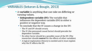 VARIABLES (Sekaran & Bougie, 2013)
 A variable is anything that can take on differing or
varying values.
 Independent variable (IV): The variable that
influences the dependent variable (DV) in either a
positive or negative way.
 To conclude that the IV causes a change in the DV:
 The IV and DV should covary.
 The IV (the presumed causal factor) should precede the
dependent variable.
 No other factor should be a possible cause of the DV. (The
researcher should control for the effects of other variables).
 A logical explanation (theory) is needed and it must explain
why the IV affects the DV.
 