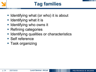 Tag families Identifying what (or who) it is about Identifying what it is Identifying who owns it Refining categories Identifying qualities or characteristics Self reference Task organizing 