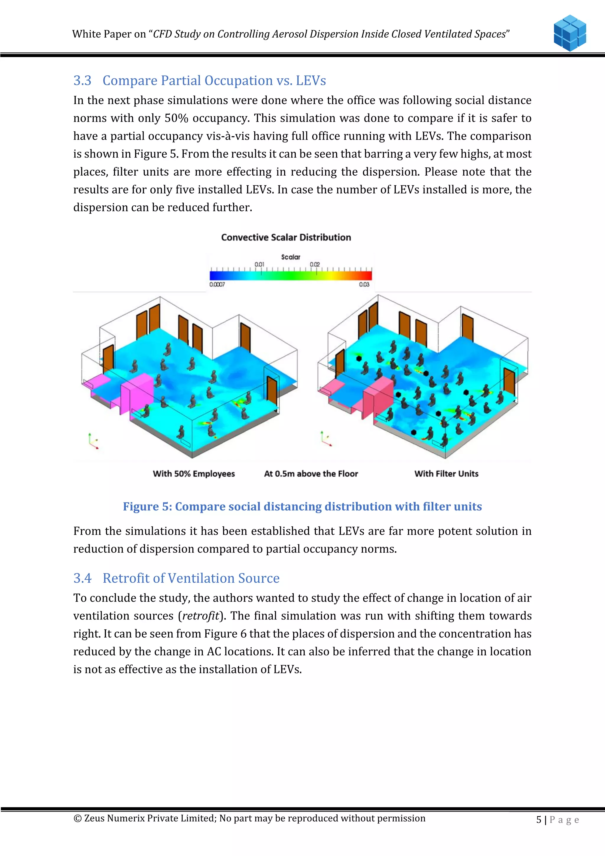 White Paper on “CFD Study on Controlling Aerosol Dispersion Inside Closed Ventilated Spaces”
© Zeus Numerix Private Limited; No part may be reproduced without permission 5 | P a g e
3.3 Compare Partial Occupation vs. LEVs
In the next phase simulations were done where the office was following social distance
norms with only 50% occupancy. This simulation was done to compare if it is safer to
have a partial occupancy vis-à-vis having full office running with LEVs. The comparison
is shown in Figure 5. From the results it can be seen that barring a very few highs, at most
places, filter units are more effecting in reducing the dispersion. Please note that the
results are for only five installed LEVs. In case the number of LEVs installed is more, the
dispersion can be reduced further.
Figure 5: Compare social distancing distribution with filter units
From the simulations it has been established that LEVs are far more potent solution in
reduction of dispersion compared to partial occupancy norms.
3.4 Retrofit of Ventilation Source
To conclude the study, the authors wanted to study the effect of change in location of air
ventilation sources (retrofit). The final simulation was run with shifting them towards
right. It can be seen from Figure 6 that the places of dispersion and the concentration has
reduced by the change in AC locations. It can also be inferred that the change in location
is not as effective as the installation of LEVs.
 