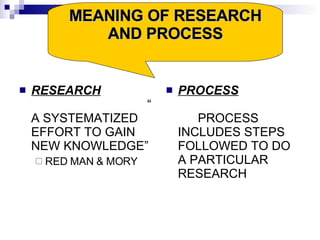 RESEARCH “ A SYSTEMATIZED EFFORT TO GAIN NEW KNOWLEDGE” RED MAN & MORY PROCESS PROCESS INCLUDES STEPS FOLLOWED TO DO A PARTICULAR RESEARCH MEANING OF RESEARCH AND PROCESS 